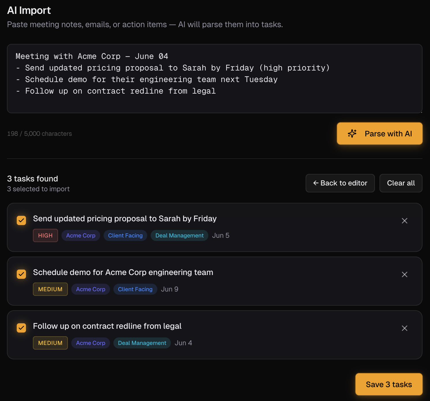 Paste meeting notes and Senaro AI extracts structured tasks with accounts, due dates, and tags filled in.